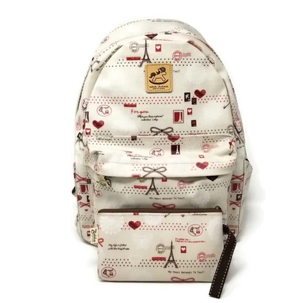 Uma Hana Waterproof Backpack Eiffel Tower Print with Zip Top Wristlet